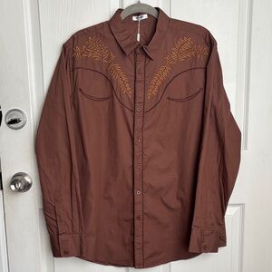 New NWT Coofandy brown western button down shirt embroidered design size Large